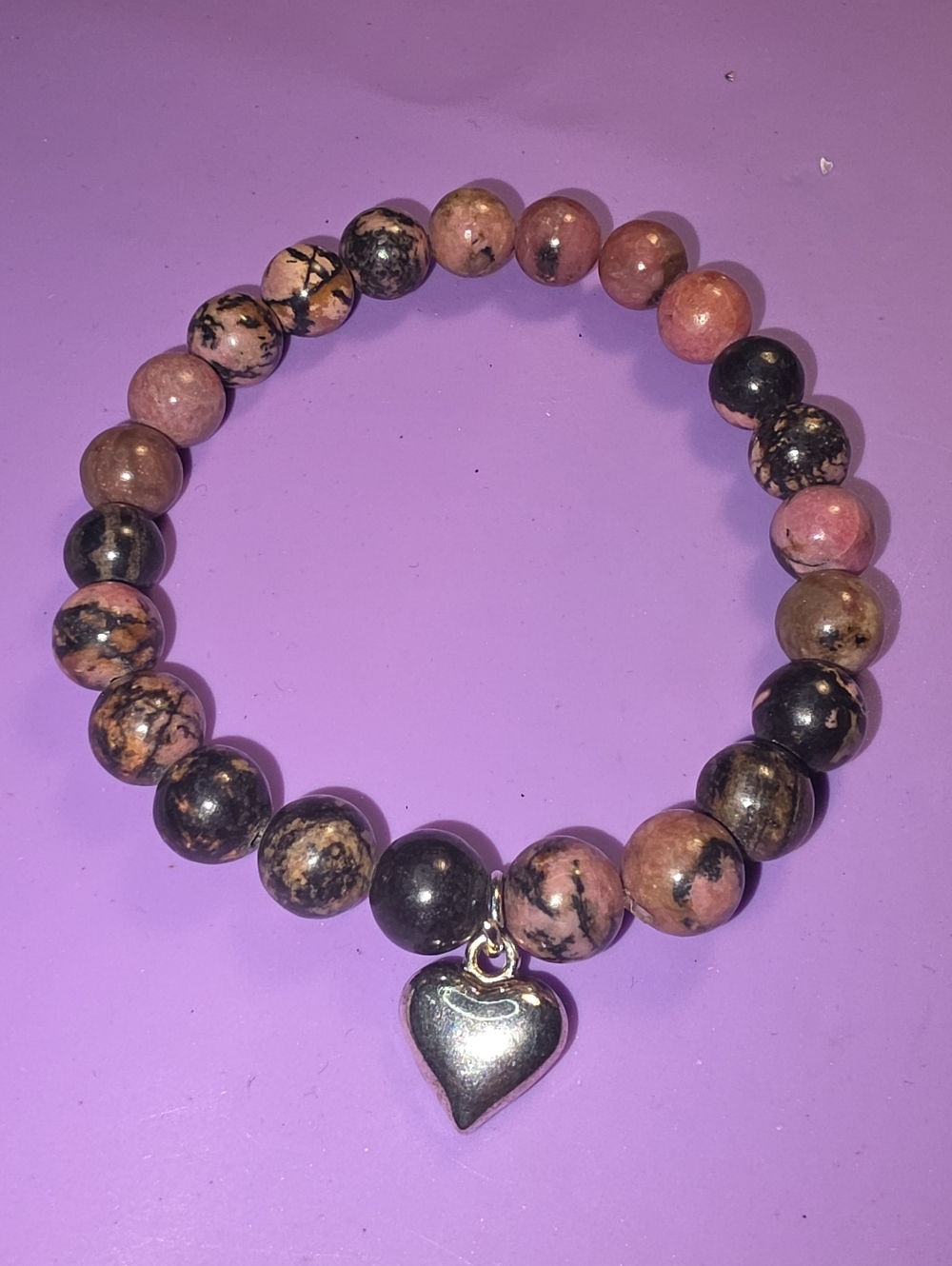 Rhodonite-Style Beaded Bracelet with Heart Charm - Pink and Black